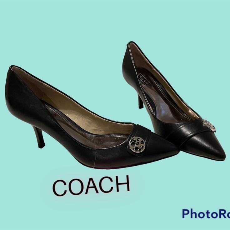 Never Worn Coach Pointy Heel Silver Coach Emblem Size 6 Black Leather Low Heel Very Chic Coach Black Heels For Work, Coach Heels With 4-inch Heel For Formal Occasions, Luxury Black Coach Heels, Coach Black Pointed Toe Heels, Coach Heels With Buckle Closure, Coach Heels With Branded Insole, Medium Width, Pointy Heels, Black Heel, Coach Shoes