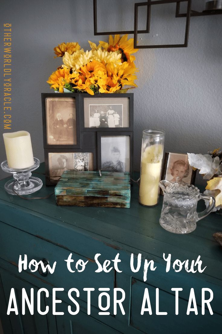 a dresser with pictures, candles and flowers on it that says how to set up your ancestor altar