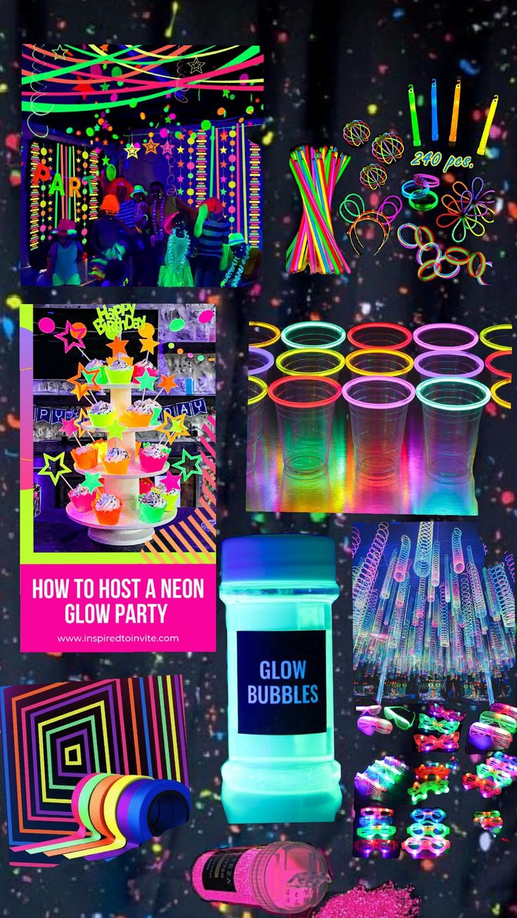 neon glow party supplies and decorations on a black background