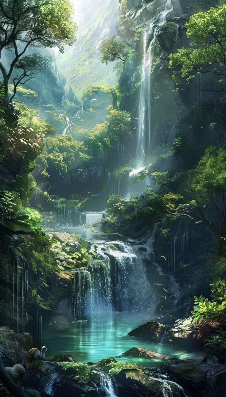 a waterfall in the middle of a forest filled with lots of green trees and water