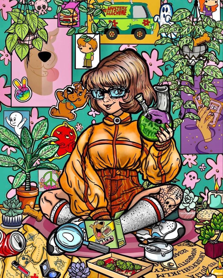 a woman sitting on top of a table surrounded by potted plants and other items