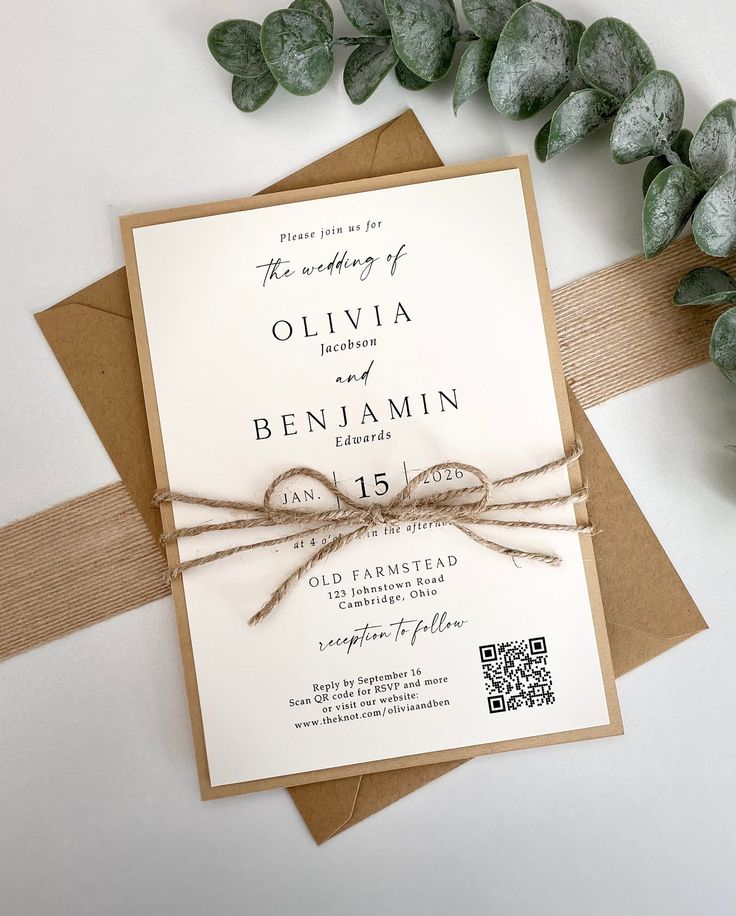 QR Code - Printed Rustic Wedding Invitation with Twine, Ivory with Kraft Matting Wedding Invite, Farmhouse | Shabby Chic | Modern Wedding by MyDayDesign on Etsy Invitations For Wedding Ideas, What To Put In Wedding Invitations, Homemade Invitations Wedding, Tied Wedding Invitations, Rsvp Qr Code Card, Cute Simple Wedding Invitations, Wedding Invitation Cards Western, Wedding Idea Invitation, Wedding Invitations All In One