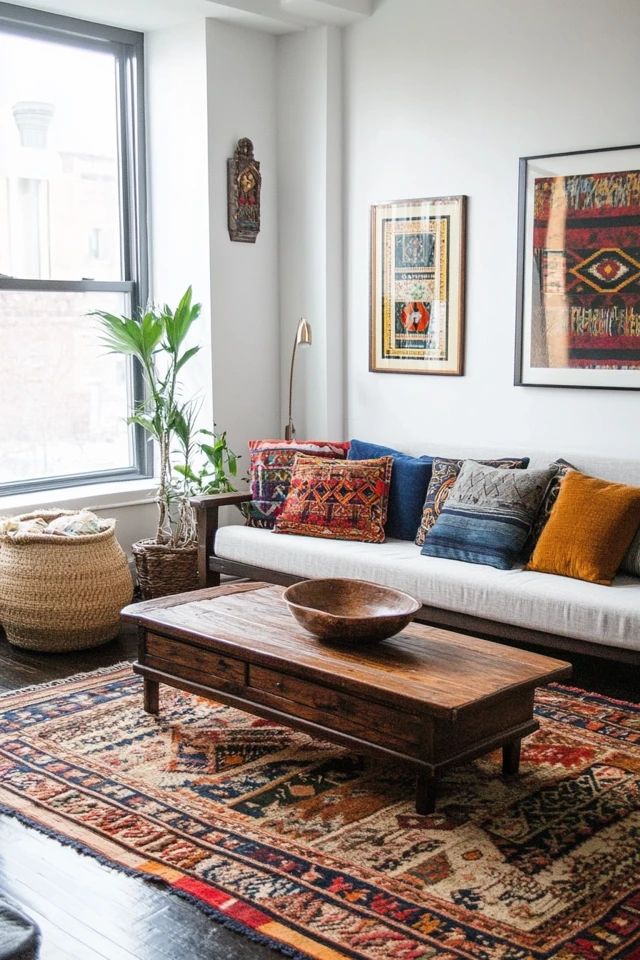 a living room filled with lots of furniture and rugs on top of a wooden floor