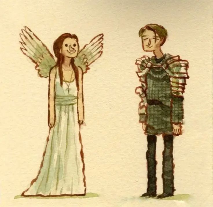 a drawing of a man and woman with wings