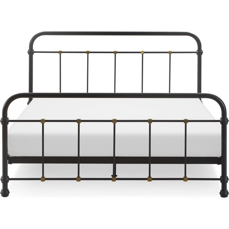 a black metal bed frame with white sheets and gold studded headboard on an isolated white background