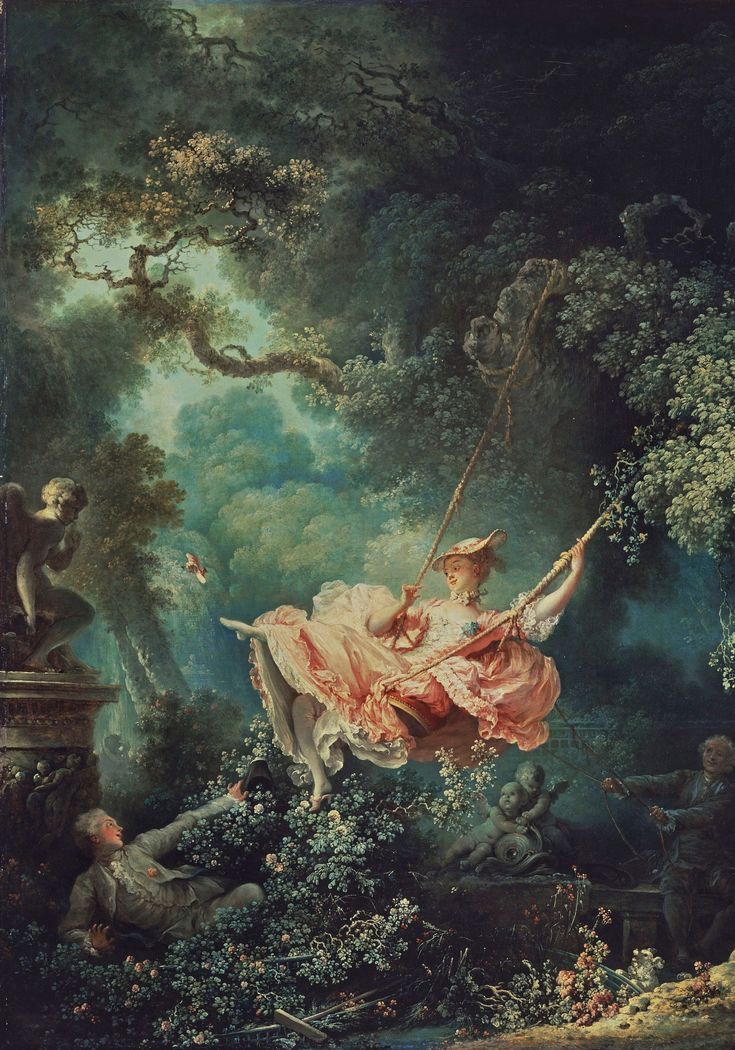 a painting of a woman sitting on a swing in the middle of a wooded area