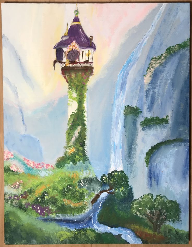 an oil painting of a tower in the middle of a mountain with a river running through it