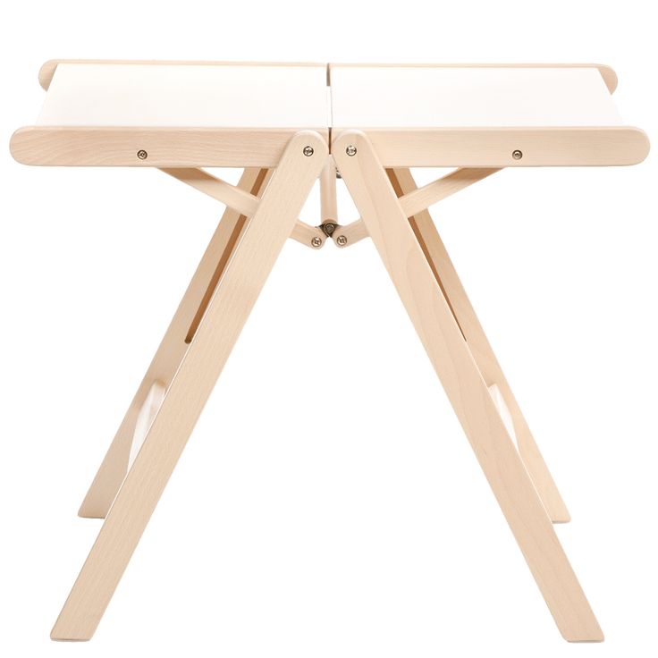 a small wooden table with two legs and a white surface on the top, in front of a white background