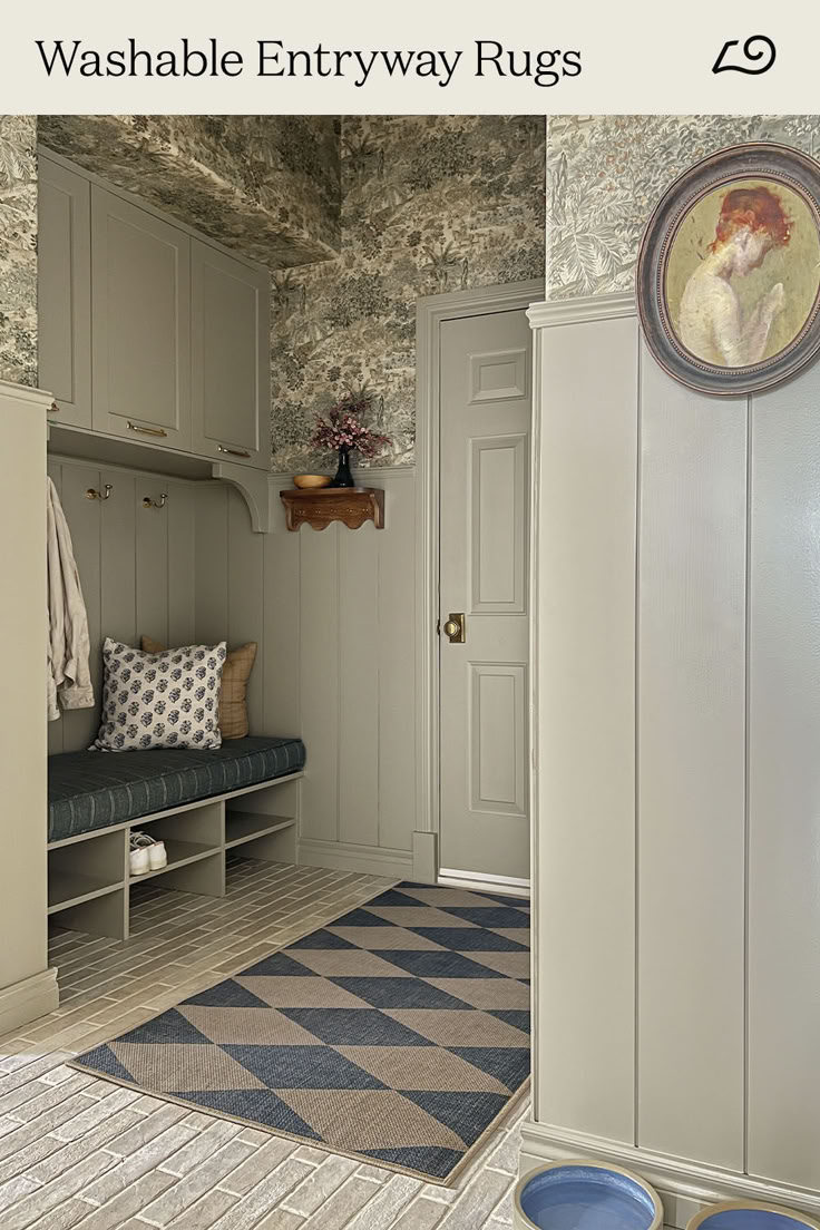 an entryway rug with blue and white checkered flooring in front of a painting on the wall