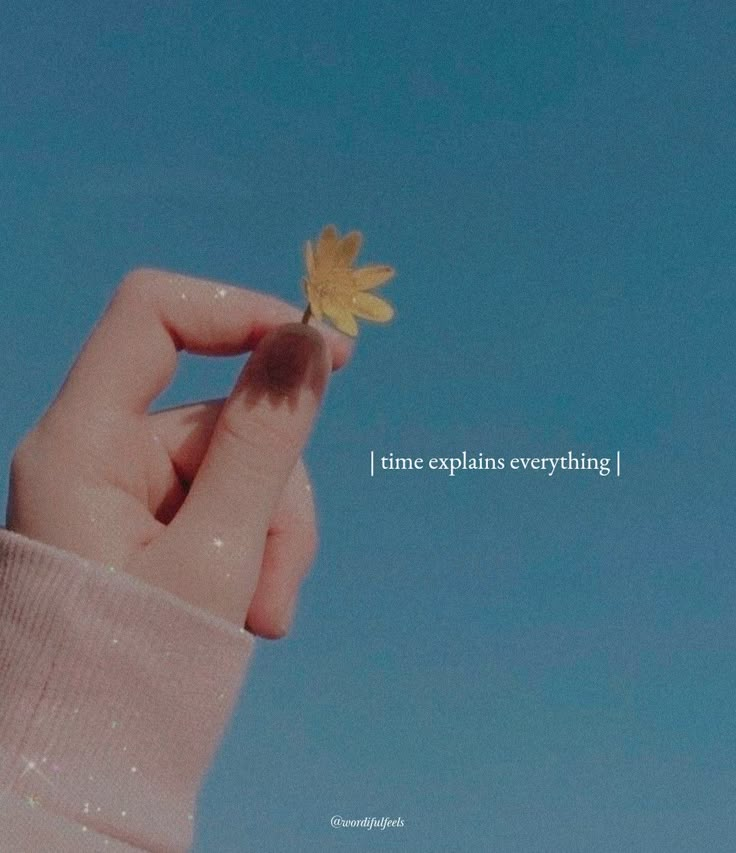 a hand holding a small yellow leaf with the words time explanans everything