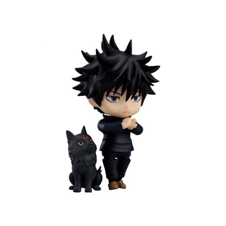 an anime figurine is standing next to a black cat on a white background