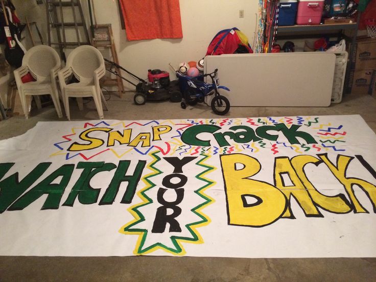 First football game of the season, we said "Snap, Crack, Watch your Back!" Rival Posters Football, Football Game Decorations High School, Banner Ideas For Football Games, Neon Out Football Game Posters, Cheer Banners For Football Poster Ideas, Game Day Posters Football, Cheer Signs For Football, Football Game Posters, Game Day Posters