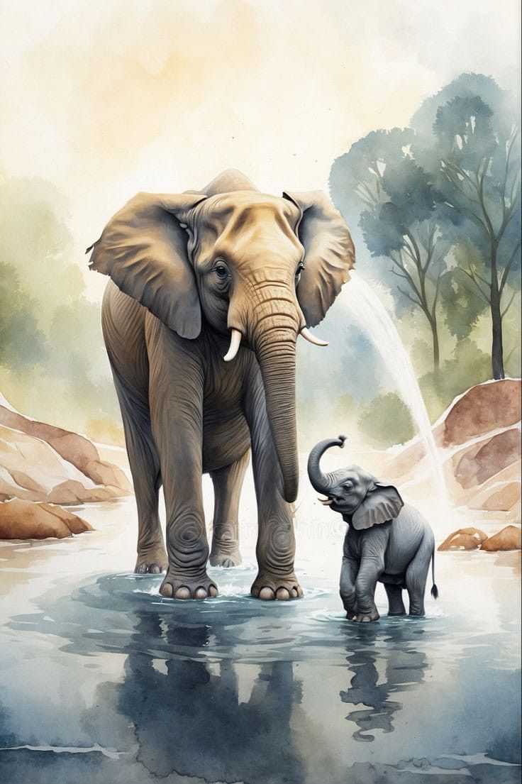 an elephant and its baby are standing in the water