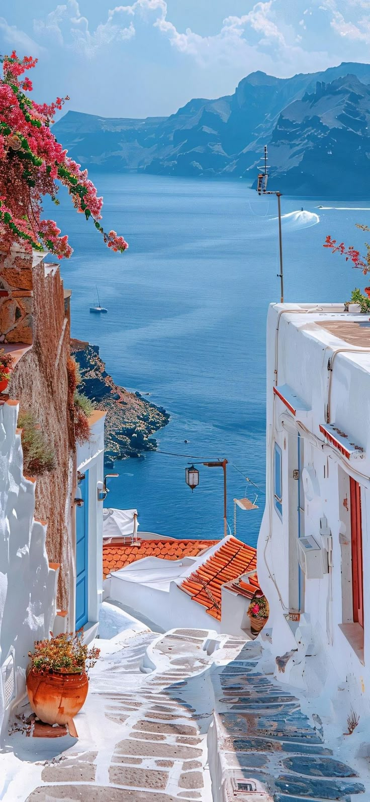 an alley way with steps leading up to the water and flowers growing on the walls