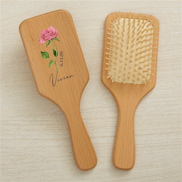 * Printed with name, date, birth flower and 1 line of text  * Constructed of beechwood * Measures 8.25H x 3W * Bristles made of rubber * Imported  The Birth Month Personalized Wood Beauty Accessories make a practical and fun gift. Constructed of strong beechwood, the brush and mirror are not only beautiful, but will hold up over time. *Note hairbrush and hand mirror are sold separately Personalized Kids Gifts, Painted Crafts, Personalization Mall, Wooden Brush, Personalized Gifts For Kids, Hand Mirror, Birth Flower, Personalized Birthday Gifts, Birth Month