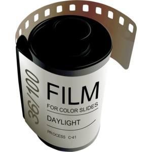 a roll of film sitting on top of a black and white object with the word film for color slides