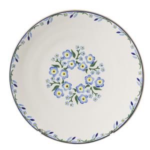 a white plate with blue and yellow flowers on it