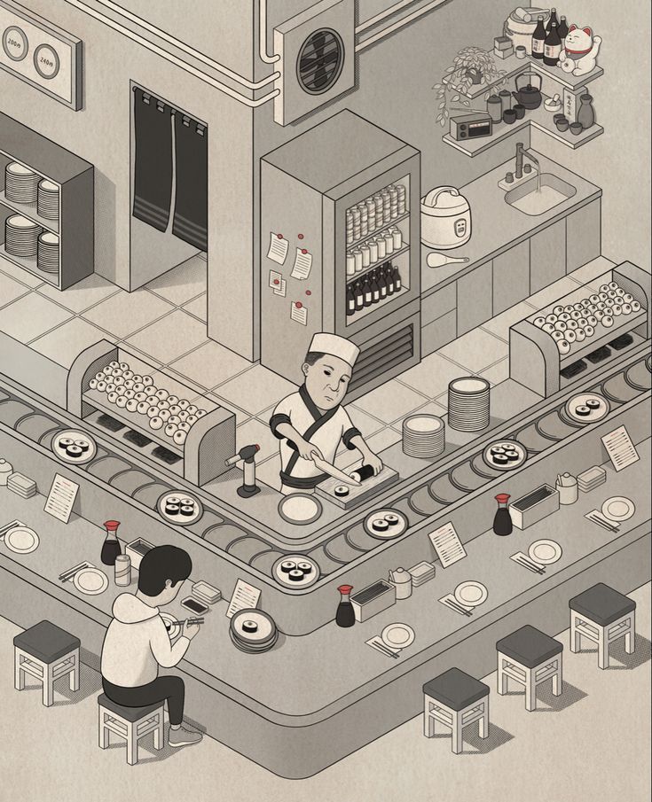 an illustration of a man cooking in a kitchen with another person sitting at the counter