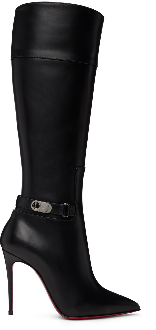 Handcrafted knee-high buffed calfskin boots in black. · Pointed toe · Logo-engraved ankle strap · Zip closure at inner side · Covered stiletto heel with rubber injection · Signature red leather sole · Heel: H4 in Supplier color: Black High Heeled Boots Aesthetic, Luxury Boots Women, Luxury Black Heeled Boots, Black Pointy Boots, Classic Black Luxury Heeled Boots, Woman Boots, Knee High Heel Boots, Designer Black High-heeled Boots, Boots Vintage