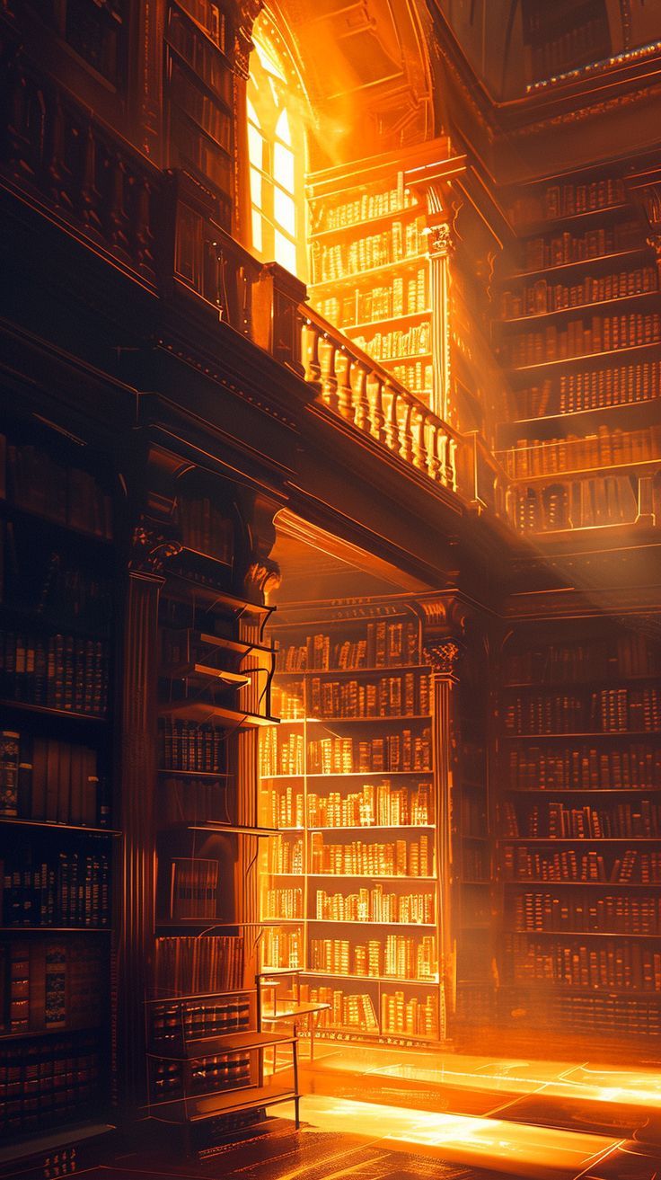 an empty library with many bookshelves full of books in the light from the window