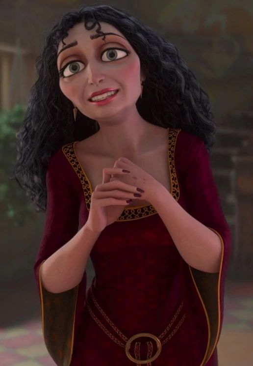 an animated woman in a red dress holding her hands together