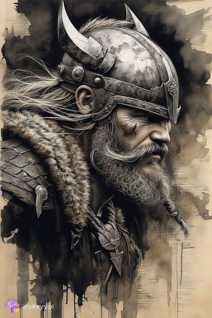 a drawing of a viking with long hair and beard wearing a helmet, holding a pipe