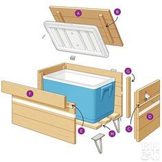 an open wooden box containing a blue cooler and instructions for how to install the lid