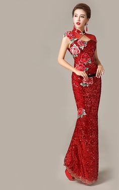 Long Cheongsam Dress, Qi Pao Dress, Embroidered Peony, Shanghai Dress, Chinese Dress Modern, Chinese Gown, Chinese Wedding Dress Traditional, Chinese Clothing Traditional, Chinese Cheongsam Dress