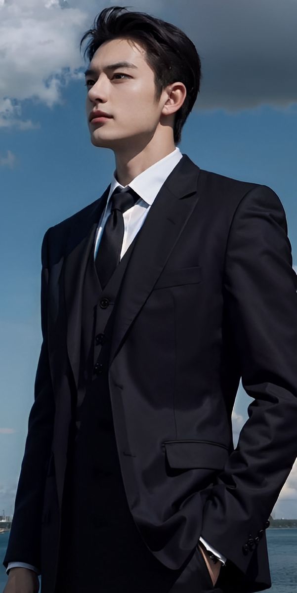 a young man in a suit and tie standing by the water with his hands on his hips