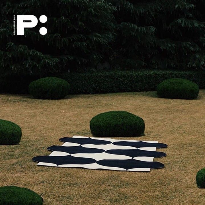 a black and white rug sitting on top of a grass covered field next to bushes