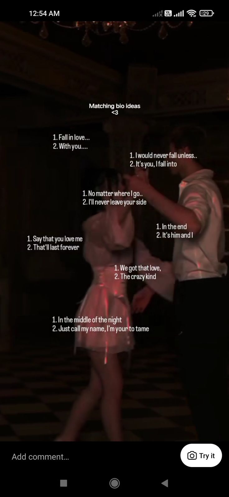 a man and woman dancing in the dark with text describing how to do dance moves