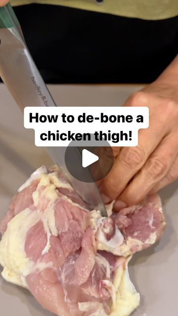 a person cutting meat with a knife on top of it and the words how to de - bone a chicken thigh