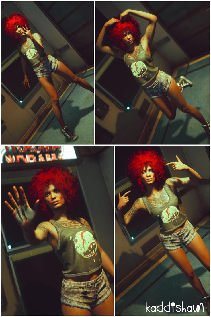 four different pictures of a woman with red hair wearing shorts and t - shirt, posing in front of a mirror