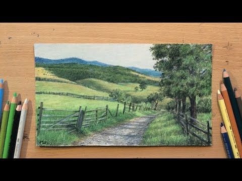 Countryside Road Green Landscape in Colored Pencil Faber Castell Polychromos, Green Landscape, Coloured Pencils, Color Pencil Drawing, Color Pencil, Faber Castell, Colored Pencil, Pencil Drawings, Colored Pencils