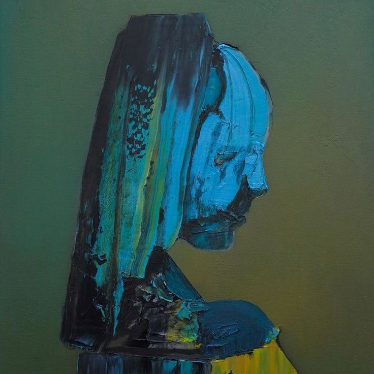 an abstract painting of a woman's head with blue and yellow colors on it