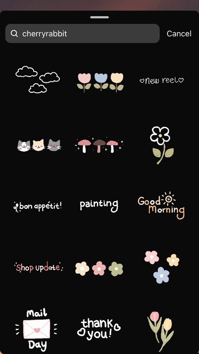 an iphone screen with the words and symbols on it, including flowers, clouds, and cats