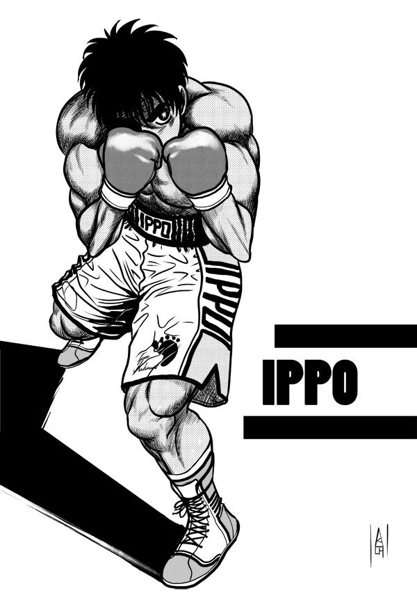 an ink drawing of a man in shorts and boxing gloves with the words ippo on it