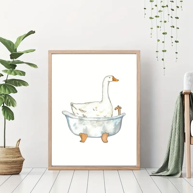 a watercolor painting of a duck in a bathtub on a wall next to a potted plant