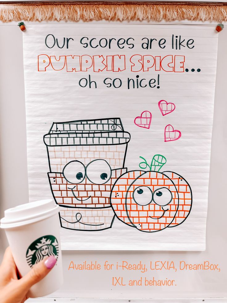 someone holding up a starbucks cup with an image of pumpkins on it and the words our scores are like pumpkin spice oh so nice