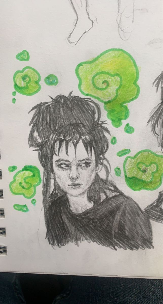 a drawing of two people with green bubbles coming out of their heads and hair in the air