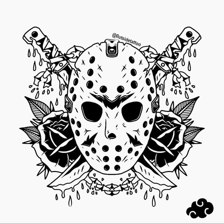 a black and white drawing of a hockey mask with roses around its neck, on a white background