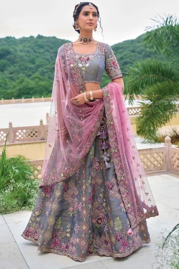 Steel Grey Embroidered Silk Designer Lehenga Set Sequins Lehenga, Grey Lehenga, Women Ethnic Wear, Indian Bridesmaid Dresses, Bridesmaid Lehenga, Silk Lehenga Choli, Nikkah Dress, Lehenga Wedding, Lehenga Style