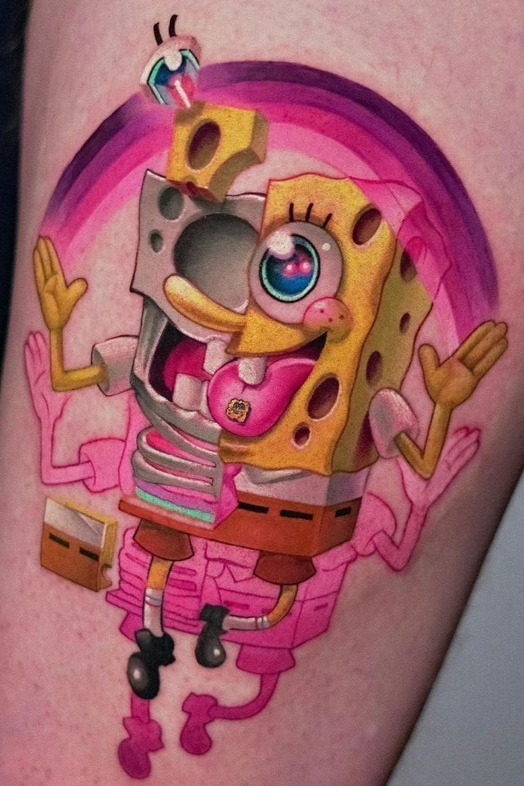 a cartoon character is on the thigh with an eyeball in his mouth and pink hair