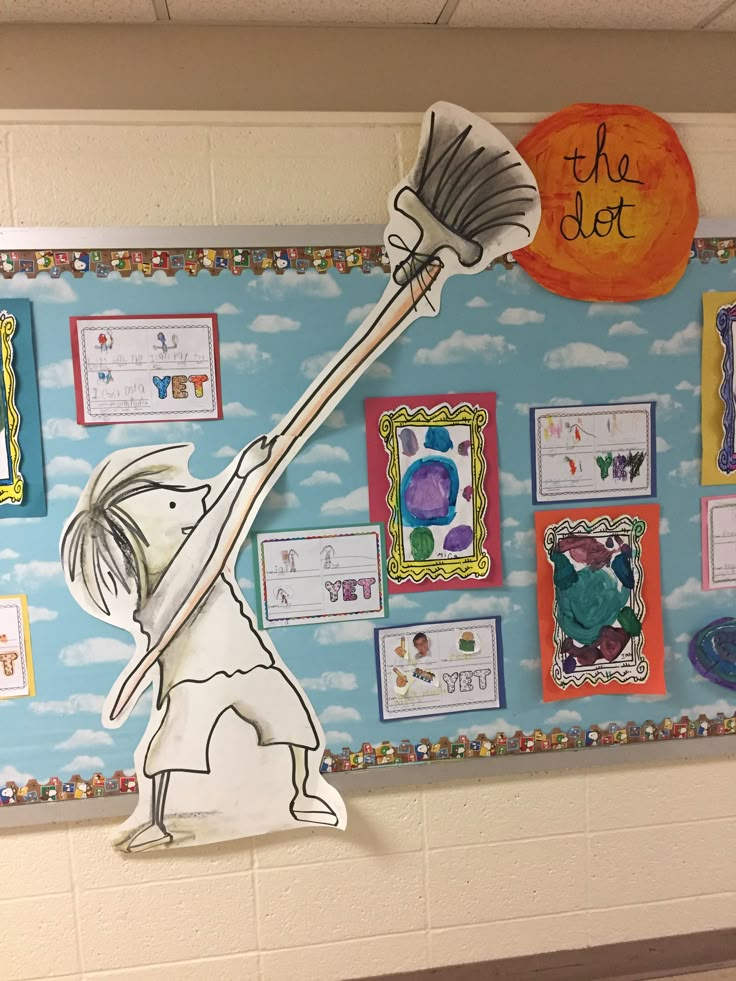 a bulletin board with pictures on it and a person holding a broom in the air