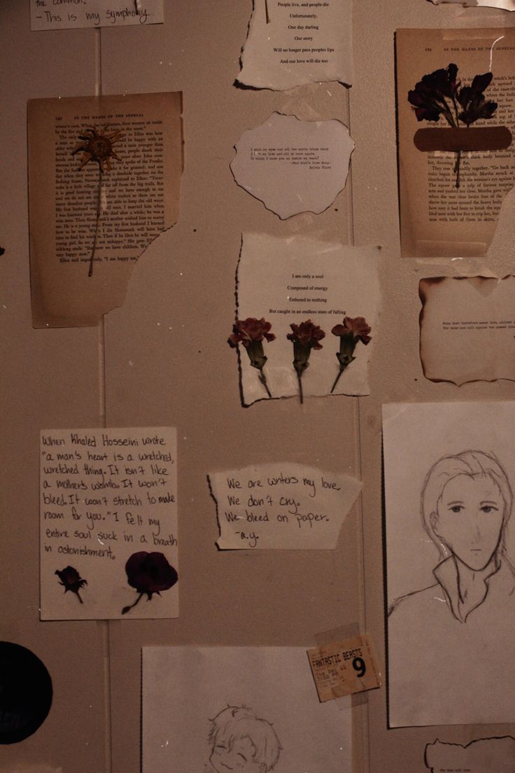 several pieces of paper with flowers and notes attached to the wall above them are pictures of people's faces