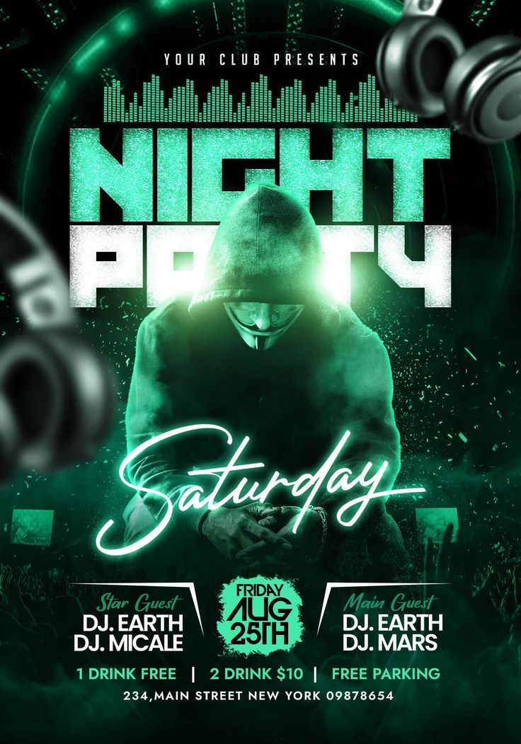 night party flyer template with headphones and dj's on the stage in green