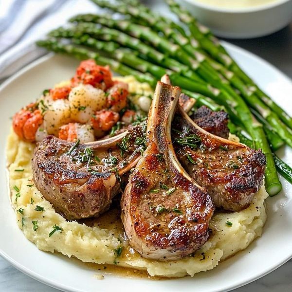 a white plate topped with meat and potatoes next to asparagus