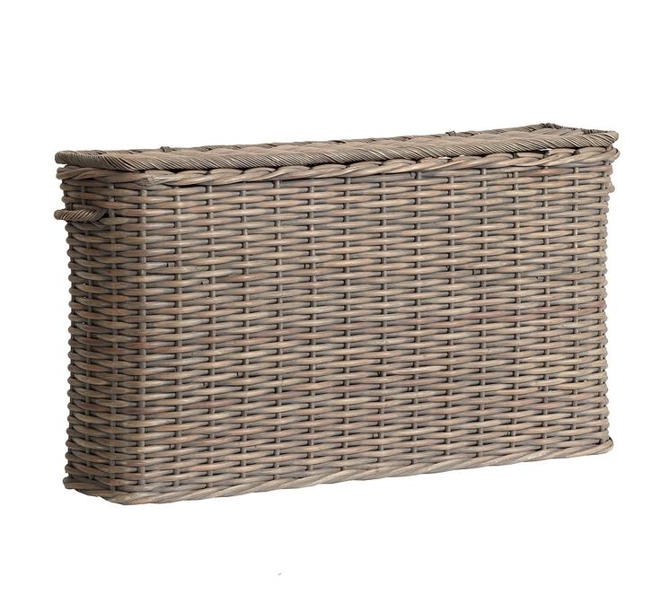 a large wicker basket with handles on the front and side, in grey color