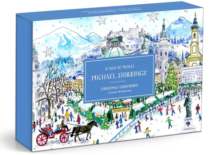 The Michael Storrings 12 Days of Christmas Puzzle Calendar Set from Chronicle Books enchants with its festive city scene reminiscent of the 12 Days of Christmas, featuring snow, ice skaters, a horse-drawn carriage, and decorated buildings, similar to an Advent Puzzle Calendar for adding holiday cheer. Michael Storrings, Anthropologie Holiday, The 12 Days Of Christmas, Christmas Puzzle, Christmas Calendar, Holiday Calendar, New Puzzle, Twelve Days Of Christmas, Puzzle Set