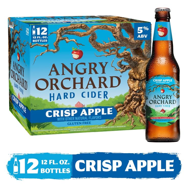 an angry orchard cider is next to a box of crisp apple cider bottles